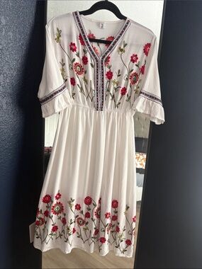 White Embroidered Midi Dress with Red & Green Floral Detail